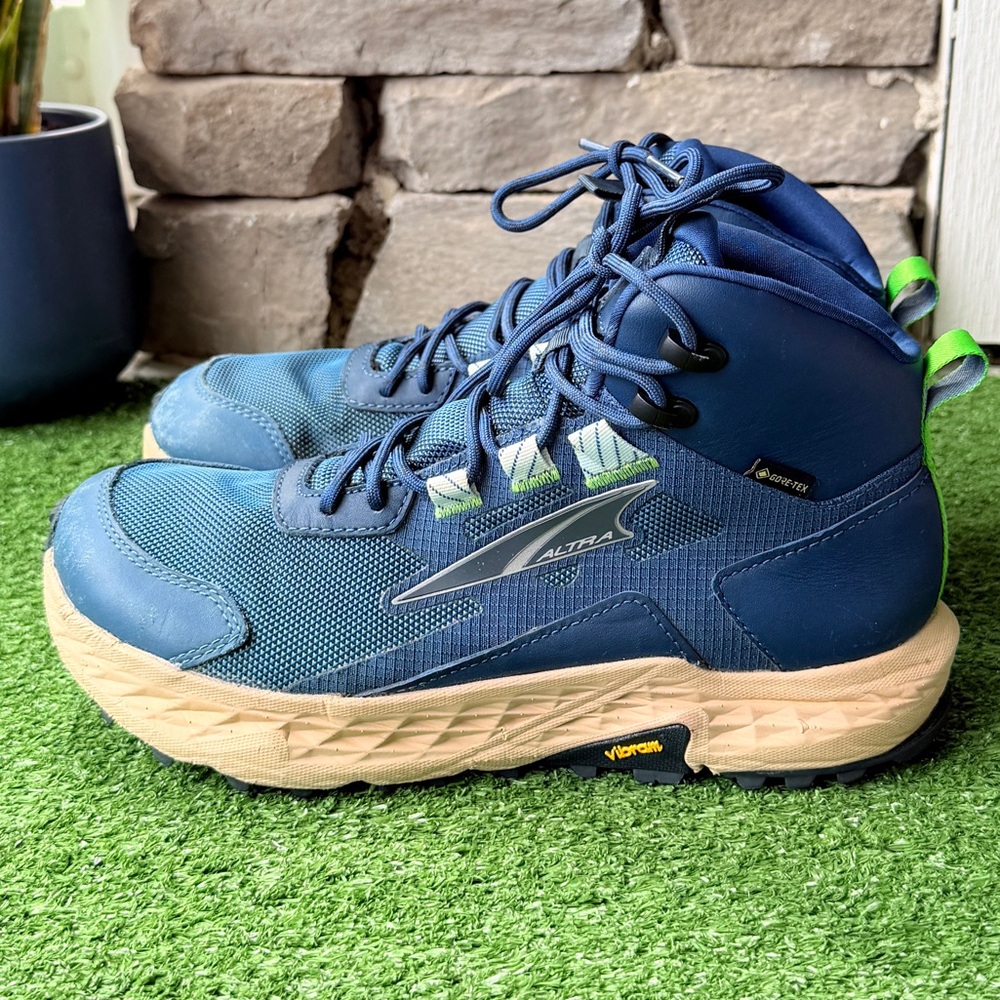 Altra Navy Blue and Beige Trail Sneakers with Green Accents